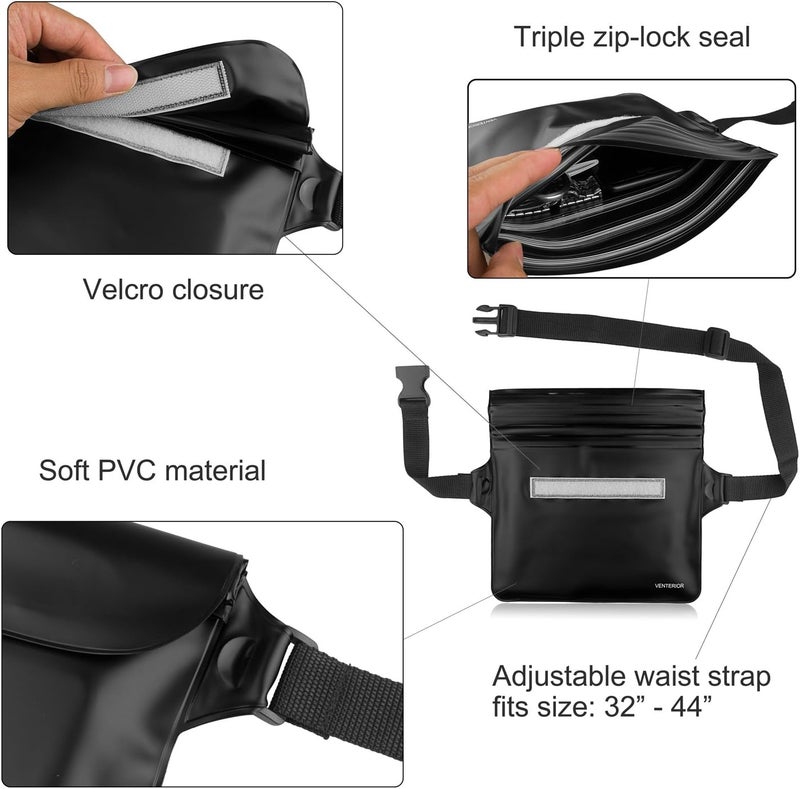Venterior Waterproof Waist Pouch 2-Pack | Beach Accessories Fanny Pack for Swimming Snorkeling Sailing Kayaking Beach Pool Water Parks | Keep Your Phone Wallet Safe and Dry (White & Black) - Image 3